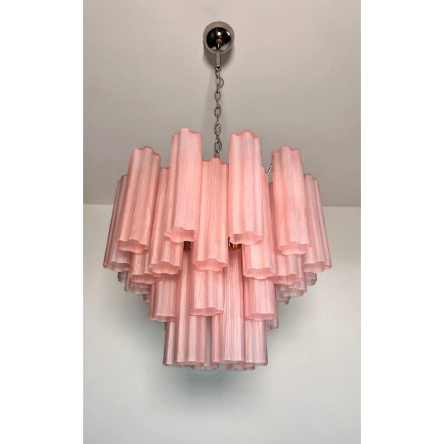 Mid-Century Modern Murano Style Glass Tube Chandelier, 36 Pink Etched Glass Tube For Sale - Image 3 of 6