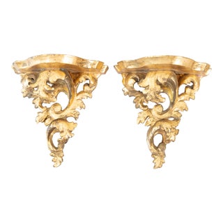 Vintage Italian Rococo Carved Giltwood Wall Brackets Shelves - A Pair For Sale