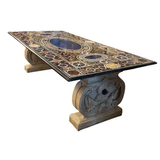 Extraordinary late 20th century Italian pietra dura dining table, featuring a monumental rectangular top richly inlaid...