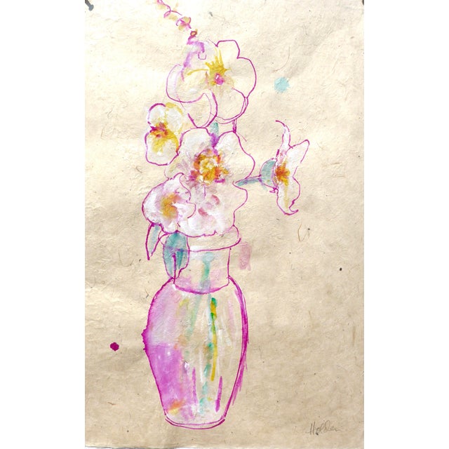 "Vase of Hollyhocks" Contemporary Ink Painting on Rice Paper by Martha Holden.. For Sale