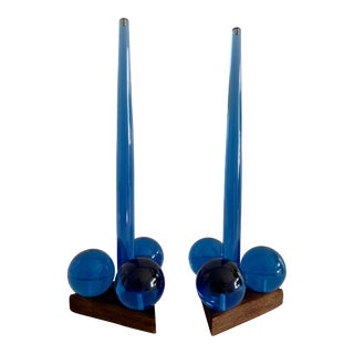 Mid-Century Modern 1960s Acrylic Lucite Royal Blue Orb Candleholders With Lucite Candles- a Pair For Sale