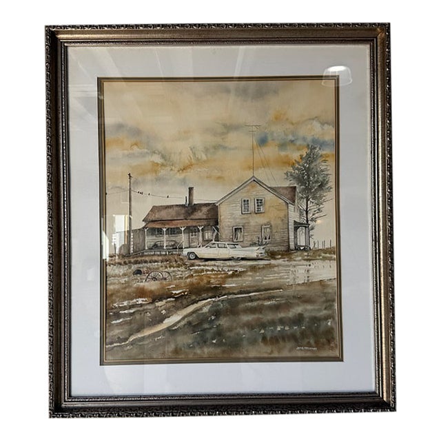 1970s Jamie McElhiney Original Farmhouse Landscape Watercolor Painting, Framed For Sale