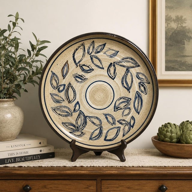 1980s Robin & Bet Mangum Signed 1980 North Carolina Studio Pottery 21” Botanical Platter For Sale - Image 5 of 6