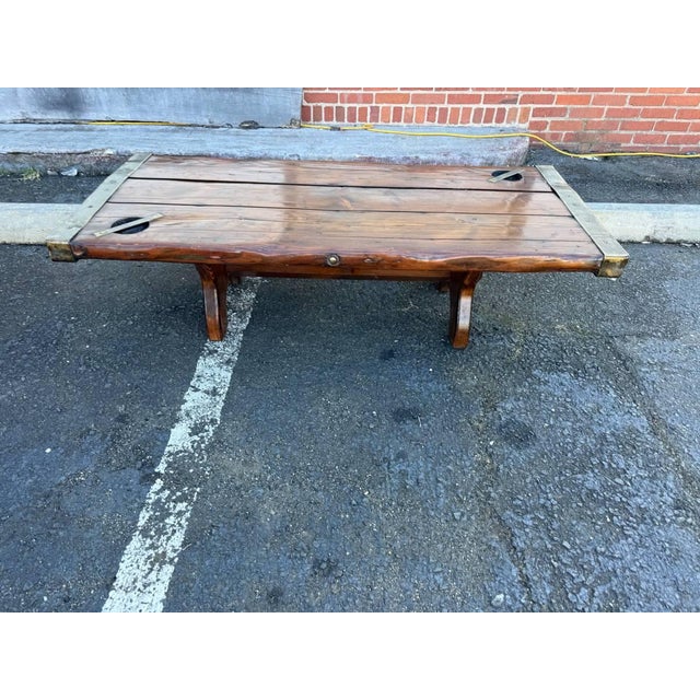 Vintage Farmhouse Rustic Style Liberty Ship Hatch Cover Trestle Base Coffee Table For Sale - Image 10 of 15