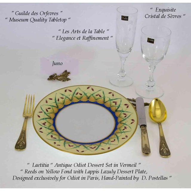 1991 Vintage/New Hand-Painted European Dinner & Dessert Plate, Reeds on Yellow Fond With Lappis Lazuly - Set of 2 For Sale - Image 9 of 10