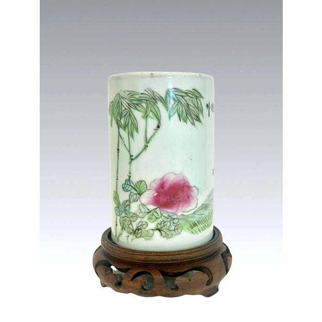 Chinese 19th Century Chinese White Porcelain Qing Brush Pot (Vase) With Bird & Peony, Wood Display Stand (Guangxu) For Sale - Image 3 of 11