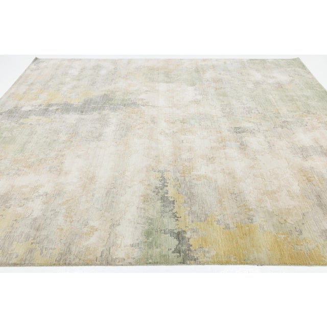Ivory Abstract Watercolor Modern Area Rug – Sage Green, Gold, & Ivory Wool-Nylon Blend For Sale - Image 8 of 10