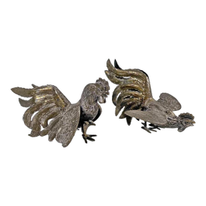 Vintage Silverplate Fighting Cockerels Roosters Figurines Set of 2