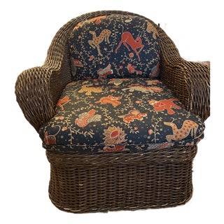 Vintage Woven Rattan Barrel Lounge Chair With Custom Upholstery For Sale