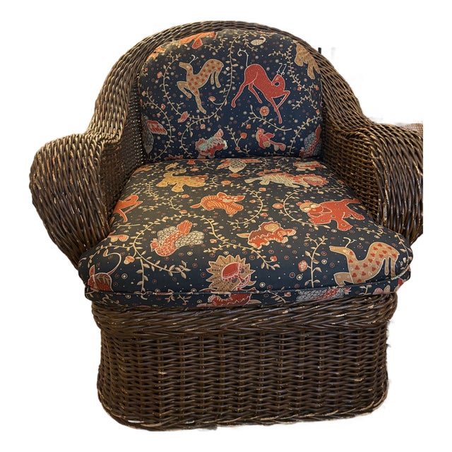Vintage Woven Rattan Barrel Lounge Chair With Custom Upholstery For Sale