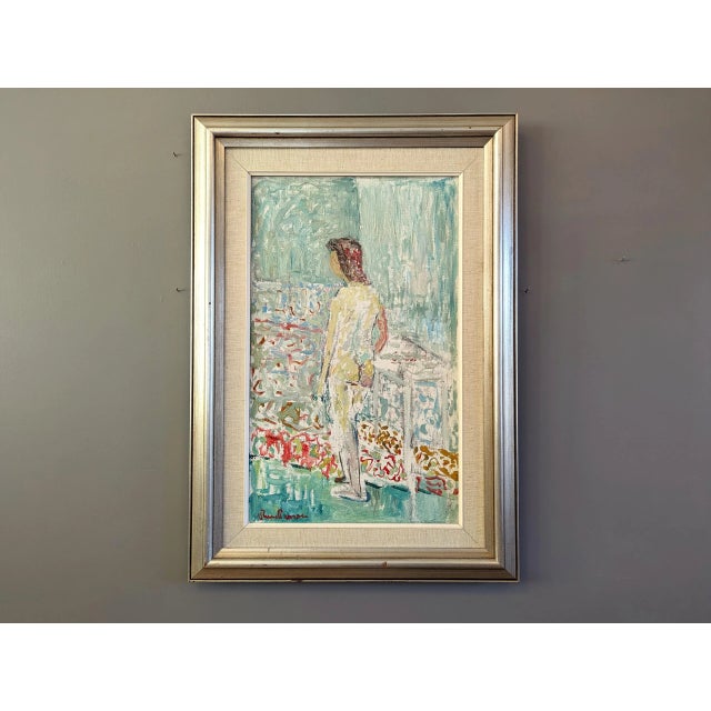 UNNOTICED Size: 68 x 48 cm (including frame) Oil on Canvas An expressive mid-century nude figurative portrait, executed in...