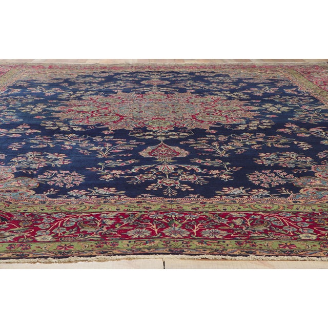 Navy Blue 78336 Vintage Persian Kerman Rug - 11'04 X 15'10 For Sale - Image 8 of 9
