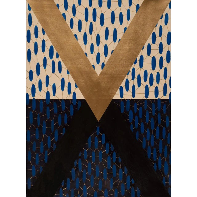 Contemporary Rebound, Striking Blue and Gold Geometric Abstract Painting on Paper, Unframed, 2020 For Sale - Image 3 of 3