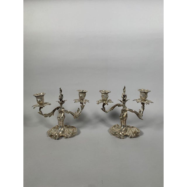 Pair of Rococo Style Silvered Bronze Candelabra, 19th Century, Louis XV Style For Sale - Image 4 of 11