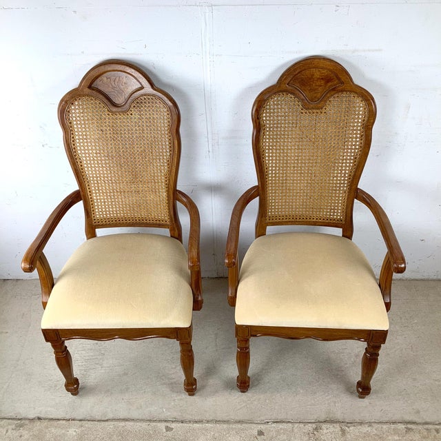 Pair of Vintage Provincial Walnut & Cane High-Back Armchairs With Burlwood Crest For Sale - Image 4 of 18