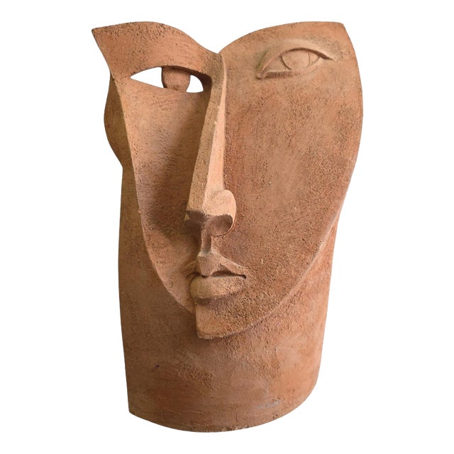 European Artist, Cubist Head Sculpture, 1970s, Terracotta For Sale