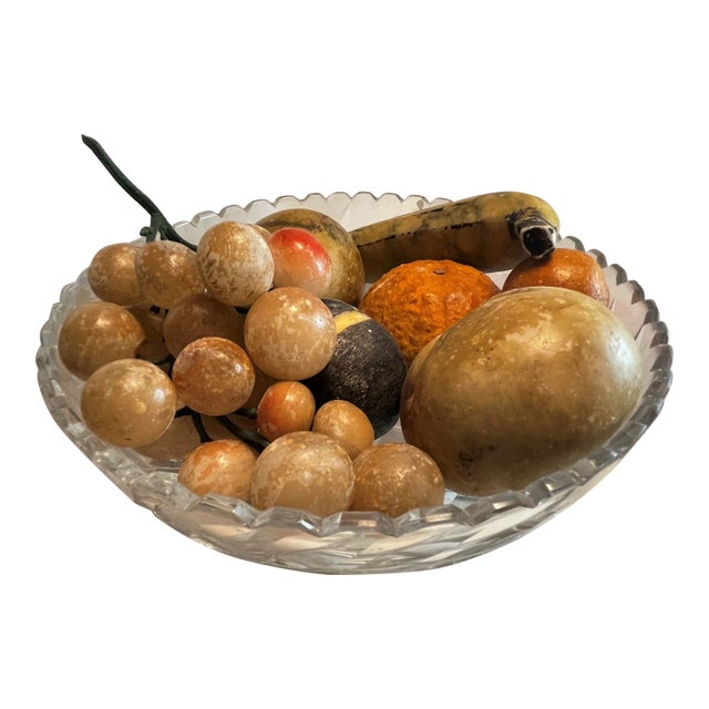 7 Piece Lot Mid 20th Century Italian Carved Stone Fruit in Glass Bowl Grapes Banana Orange Apple For Sale