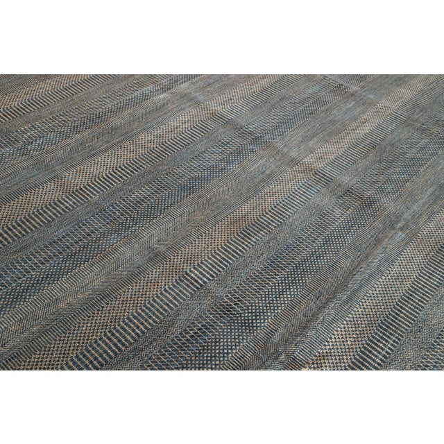 Orange Geometric Designed Modern Savannah Handmade Wool Rug in Blue and Orange For Sale - Image 8 of 12