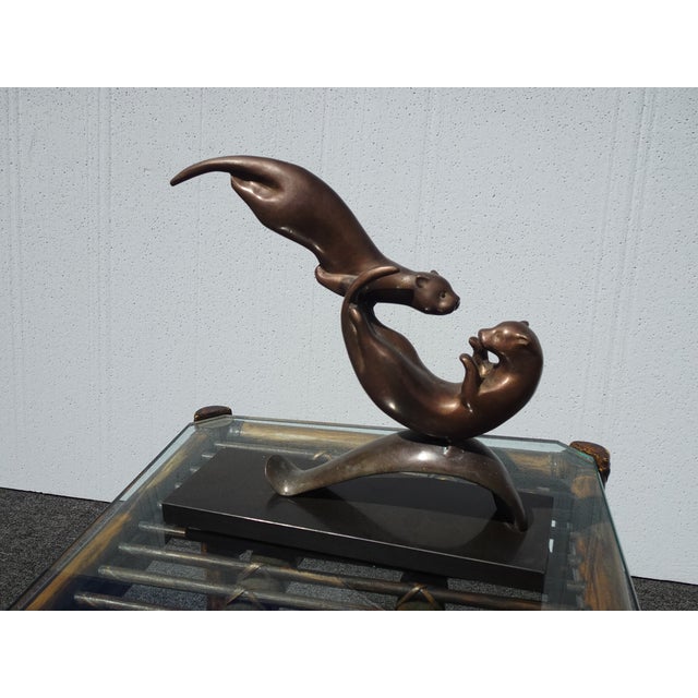 Vintage Bronze Balancing Swimming Otters Statue ~ Sculpture For Sale - Image 15 of 15