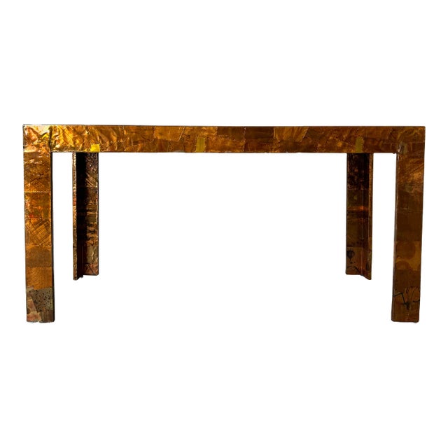 70's Mid-Century Modern Paul Evans - Style Brutalist Copper Patchwork Console Table For Sale