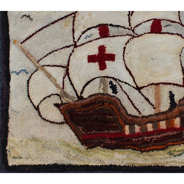 American Pictorial Antique American Hooked Rug With Knights Templar Ship at the Sea Antique American Hooke 2'4"x2'11" For Sale - Image 3 of 8
