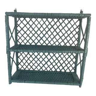 Mid 20th Century Chinoiserie Cerulean Blue Wicker Wall-Mounted Shelf For Sale