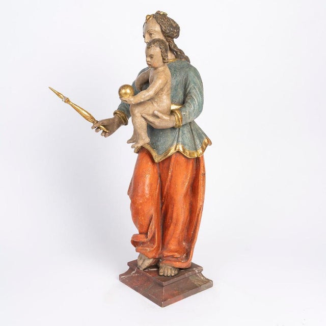 Virgin and Child in Polychrome Linden Wood, Germany, 18th Century For Sale - Image 5 of 9