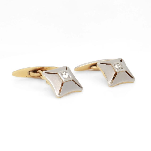 Platinum Pair of Mid-Century Platinum-Topped 18k Gold & Diamond Cufflinks For Sale - Image 8 of 11