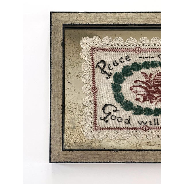 Antique Beaded Holiday Peace on Earth Framed Crochet Linen For Sale - Image 4 of 11