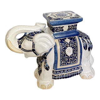 Vintage Blue & White Ceramic Elephant Garden Stool / Side Table / Plant Stand – Chinoiserie For Sale