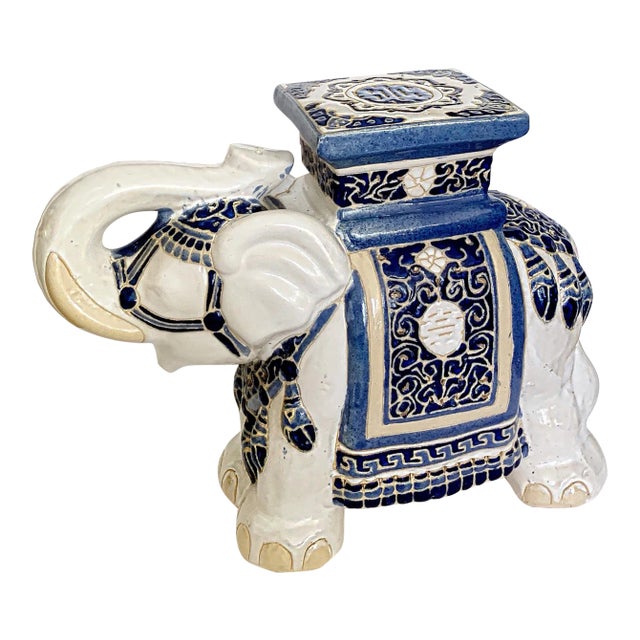 Vintage Elephant Garden Stool Blue & White Ceramic / Side Table / Plant Stand, Chinoiserie Style For Sale