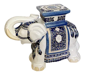 Vintage Elephant Garden Stool Blue & White Ceramic / Side Table / Plant Stand, Chinoiserie Style