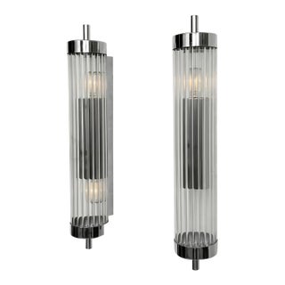 Vintage Skyscraper Art Deco Light Old Lamp Wall Sconces Fixture Nickel Brass & Glass Rod Ship Light - Pair For Sale