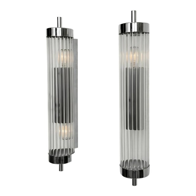 Vintage Skyscraper Art Deco Light Old Lamp Wall Sconces Fixture Nickel Brass & Glass Rod Ship Light - Pair For Sale