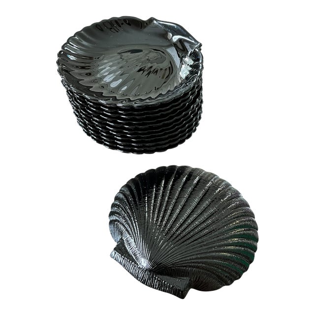 Set of 12 Vintage Arcoroc France "Coquillage" Black Glass Shell Dishes, Circa 1960s For Sale