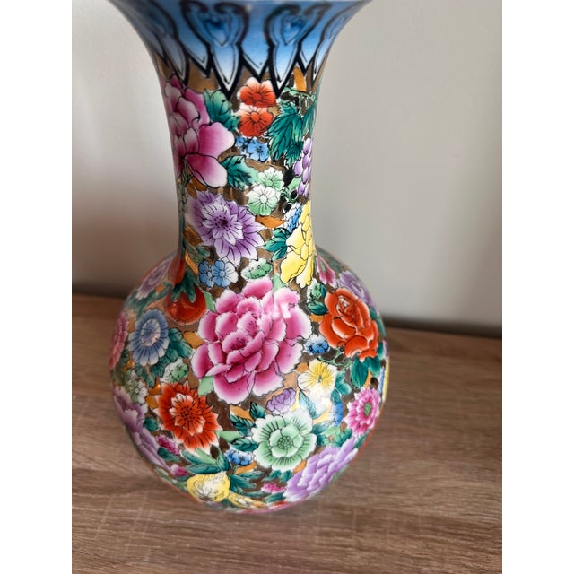 Vintage Chinese Famille Rose Style Hand-Painted Porcelain Vase With Gilt, 13" For Sale - Image 9 of 12