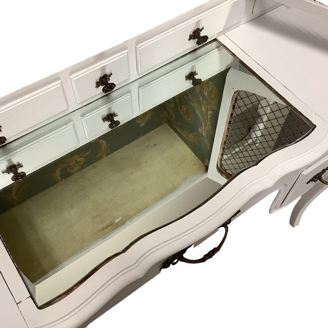 1960s Vintage Vanity or Desk French Country Painted White Wire Doors Mirrored Top Multiple Drawers Wallpapered Interior Top For Sale - Image 5 of 12