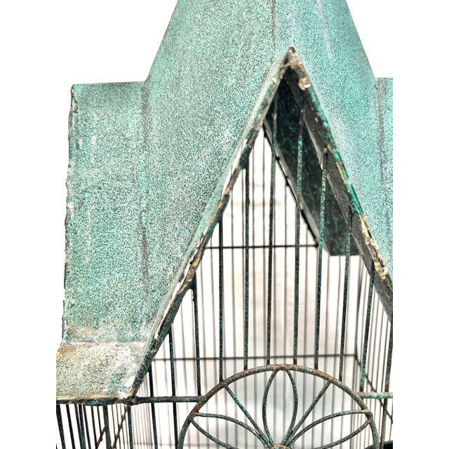 Green Vintage Architectural Metal Birdcage With Green Patina Roof For Sale - Image 8 of 11
