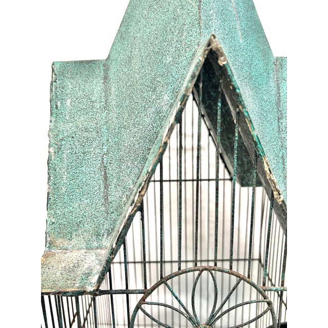 Green Vintage Metal and Wire Birdcage in Green For Sale - Image 8 of 11