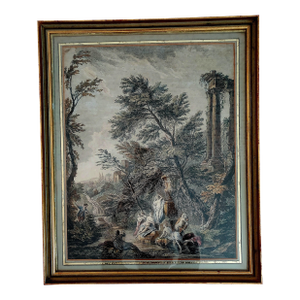 Late 18th Century Framed Colorized Engraving "Le Bain Trouble" by Marguerite Therese Maugein 18th Century Female Engraver