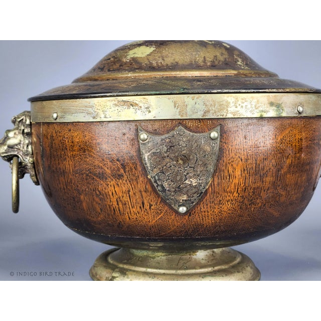 1870's Antique English Oak & Silver Plated Victorian Pedestal Trophy Salad or Fruit Bowl Dish With Lid and Lion Head Ring Handles For Sale - Image 4 of 12