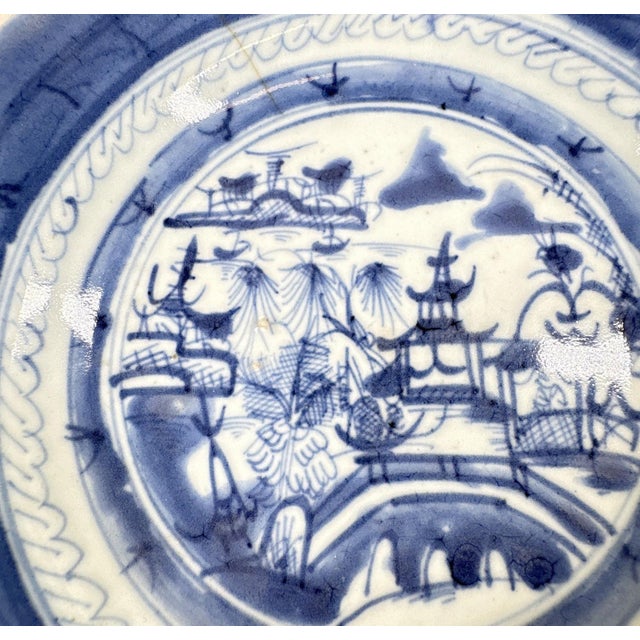 Antique 19th Century Chinese Canton Export Blue & White 8.75" Shallow Bowl This authentic piece of Qing Dynasty export...