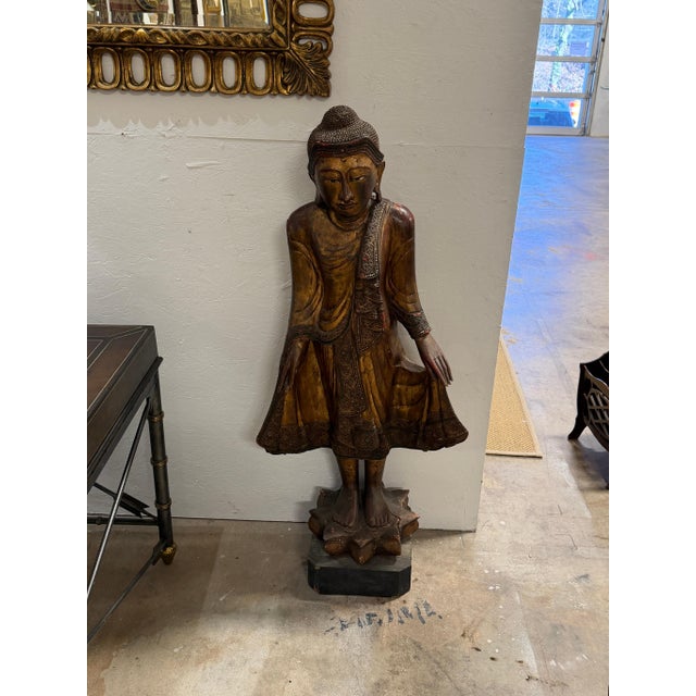 Monumental Giltwood Standing Buddha with Lotus Base, Burma, Late 19th Century For Sale - Image 10 of 18