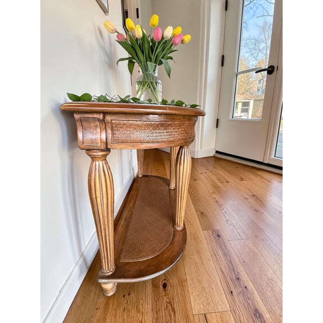 Wood Vintage Oak Demi Lune Console Table-Rattan Shelf-Entryway-Coastal Boho-Sofa-Hall For Sale - Image 7 of 10