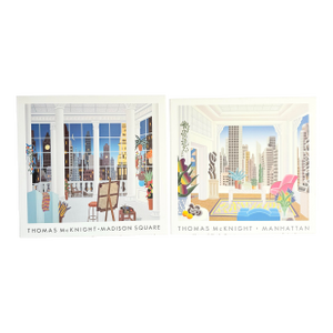 Vintage Thomas McKnight Madison Square and Manhattan Prints on Wood Bard Frame - Two Pieces