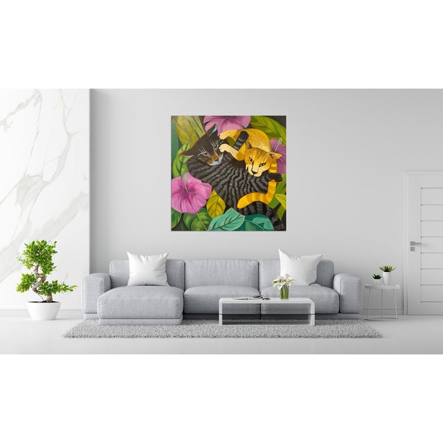 Textile Marc Zimmerman "Paws in Play" Oil Painting, Two Cats in Tropical Jungle, Black and Gold Cats, Pink Hibiscus, Contemporary Art West Coast For Sale - Image 7 of 9