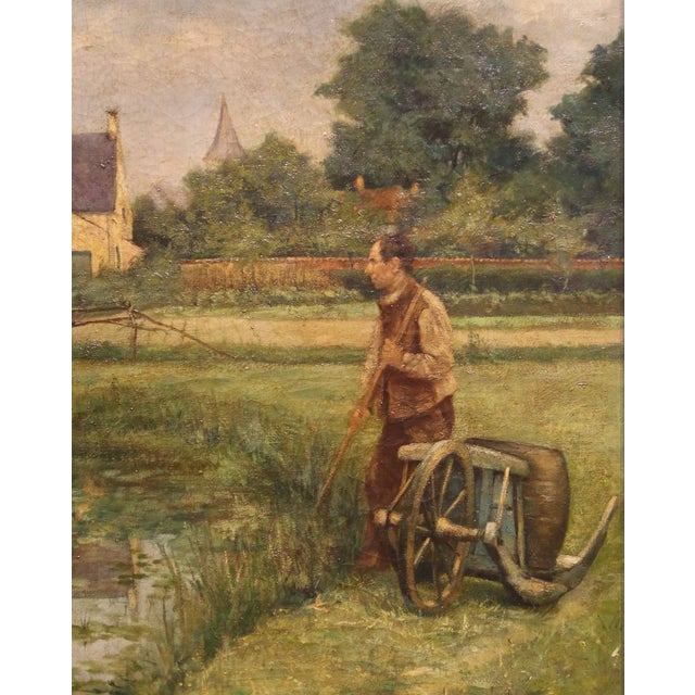 19th Century French Barbizon Style Pastoral Oil on Canvas Painting For Sale - Image 9 of 12