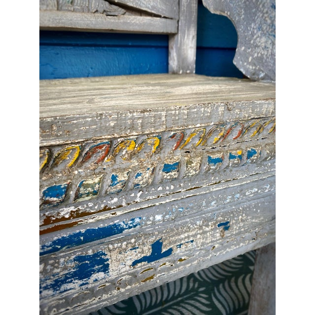 Vintage Balinese Hand-Carved Teak Peacock Bench With Original Polychrome Paint | Indonesian Folk Art Settee For Sale - Image 4 of 6