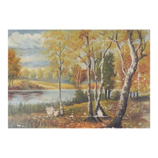 Vintage 1934 Distressed Autumn Landscape Painting For Sale