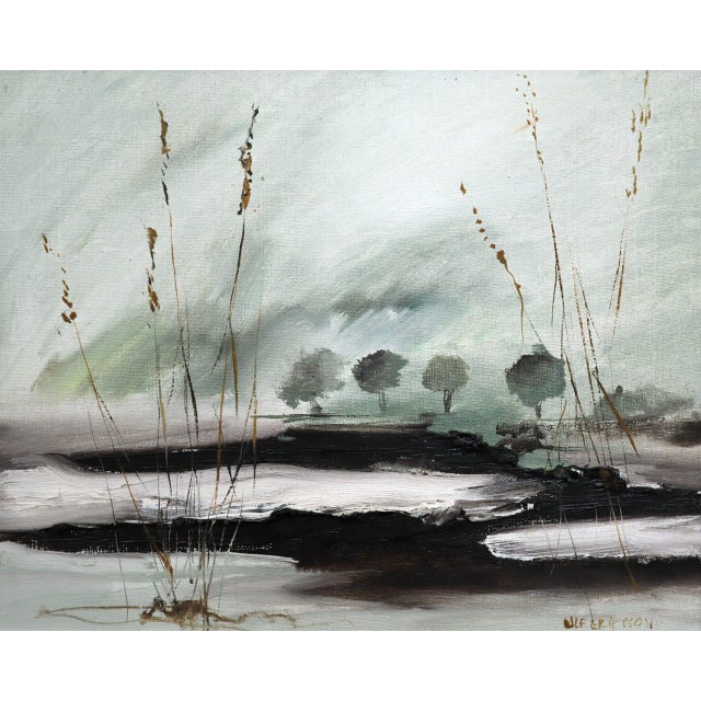 Gray Mid-Century Modern 'Winter Reeds' Vintage Swedish Impressionist Original Landscape Oil Painting, Framed For Sale - Image 8 of 12